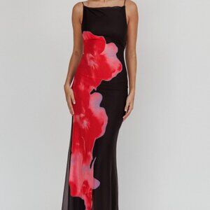 Elegant Black and Red Floral Dress